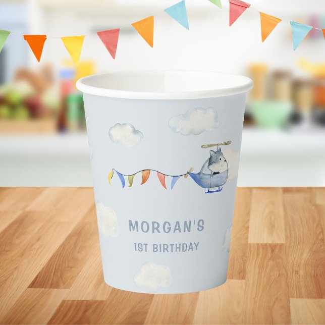 Watercolor Helicopter Cute Wolf First Birthday Paper Cups (Creator Uploaded)