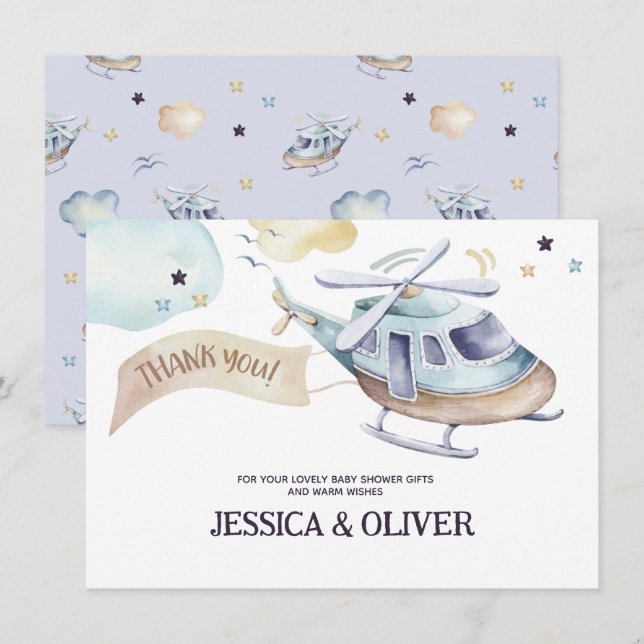 Watercolor Helicopter Party en Carte de remercieme (Devant / Derrière)