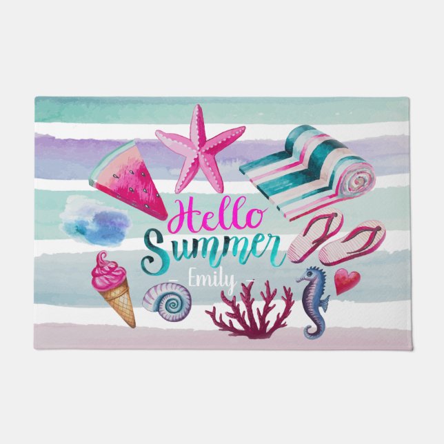 Watercolor Hello Summer Monogram Beach Stripes Doormat (Front)