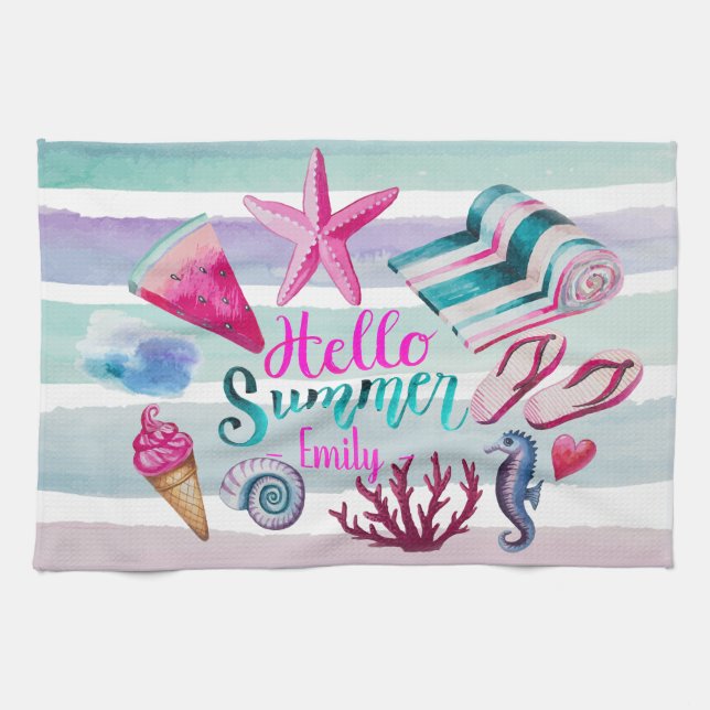 Watercolor Hello Summer Monogram Beach Stripes Kitchen Towel (Horizontal)