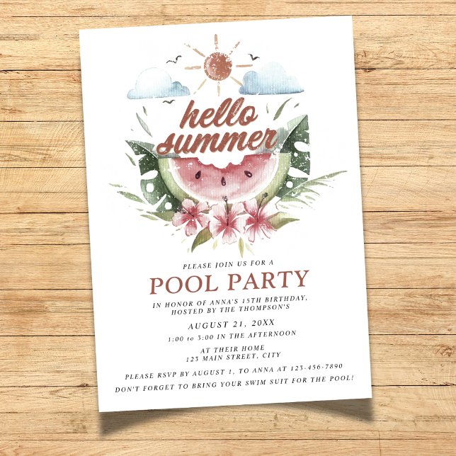 Watercolor Hello Summer Pool Party Invitation (Creator Uploaded)
