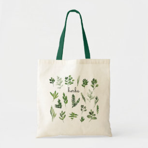 Watercolor Herbs Grocery Re-usable Hunter Green Tote Bag