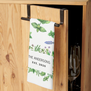 Watercolor Herbs Spices Custom Family Name Kitchen Towel