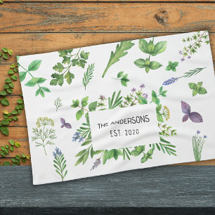 Watercolor Herbs Spices Custom Family Name Kitchen Towel