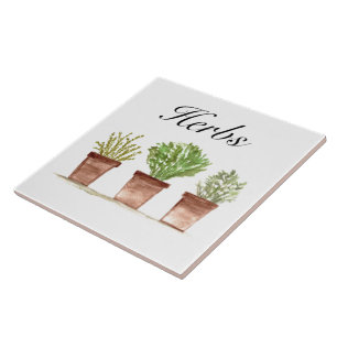 Watercolor Herbs Thyme Rosemary Parsley Plants Pot Tile