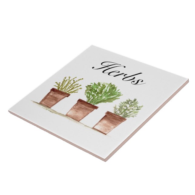 Watercolor Herbs Thyme Rosemary Parsley Plants Pot Tile (Side)