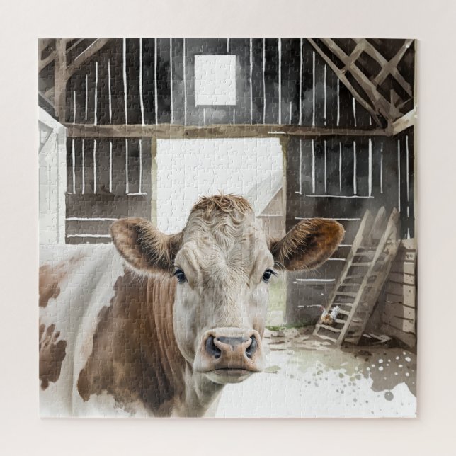 Watercolor Hereford Cow In Barn Jigsaw Puzzle (Vertical)