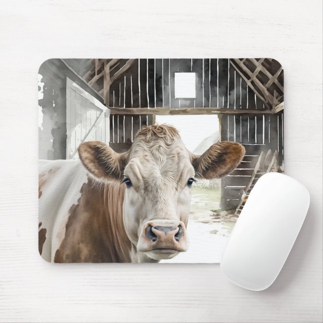 Watercolor Hereford Cow In Barn Mouse Pad (With Mouse)