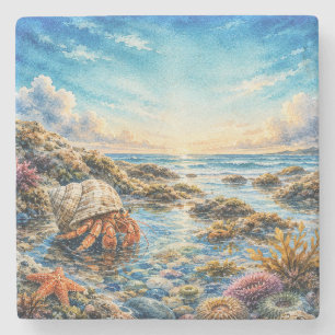 Watercolor Hermit Crab Exploring Tidepool Stone Coaster