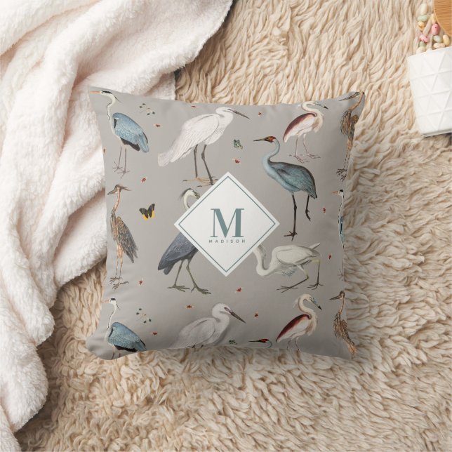 Watercolor Heron Bird Egret Nature Monogrammed Throw Pillow (Blanket)