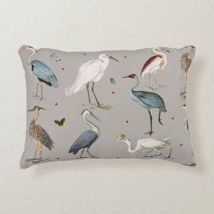 Watercolor Heron Bird Egret Nature Pattern Accent Pillow
