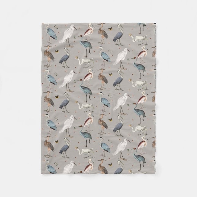 Watercolor Heron Bird Egret Nature Pattern Fleece Blanket (Front)