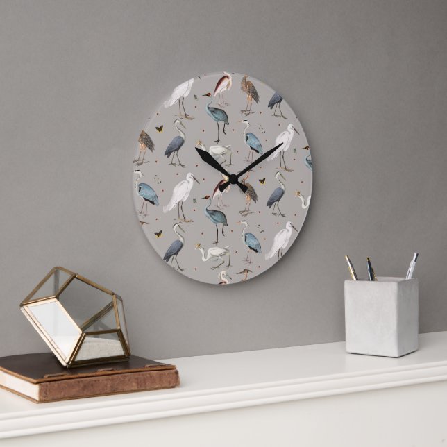 Watercolor Heron Bird Egret Nature Pattern Large Clock (Office)