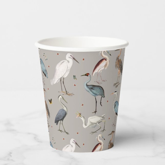 Watercolor Heron Bird Egret Nature Pattern Paper Cups (Front)