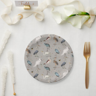 Watercolor Heron Bird Egret Nature Pattern Paper Plate