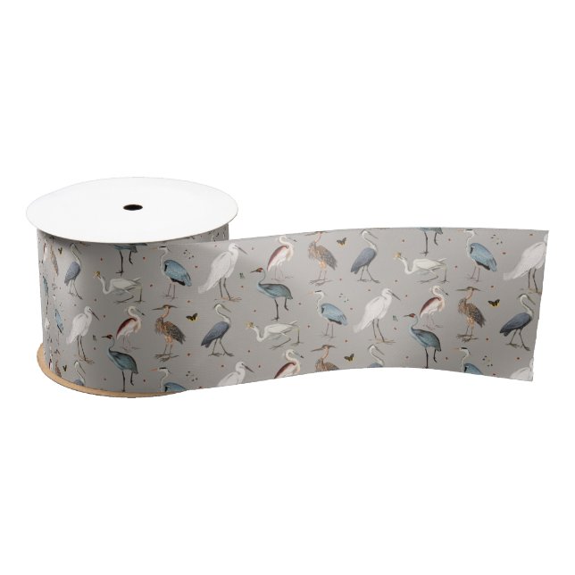 Watercolor Heron Bird Egret Nature Pattern Satin Ribbon (Spool)