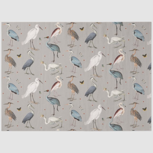 Watercolor Heron Bird Egret Nature Pattern Tissue Paper (Front)