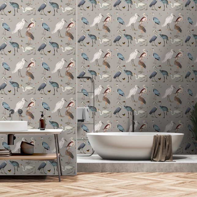 Watercolor Heron Bird Egret Nature Pattern Wallpaper (Bathroom)