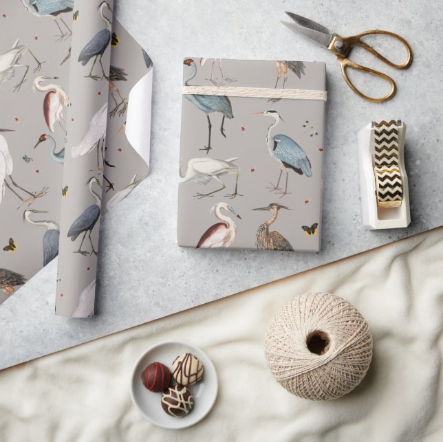 Watercolor Heron Bird Egret Nature Pattern Wrapping Paper (Crafts)