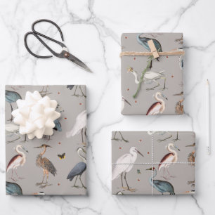 Watercolor Heron Bird Egret Nature Pattern Wrapping Paper Sheet