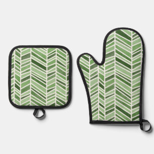 Watercolor Herringbone Pattern, Monochrome Green Oven Mitt & Pot Holder Set