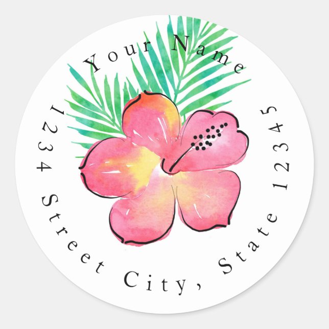 Watercolor Hibiscus and Palm Fronds Labels (Front)