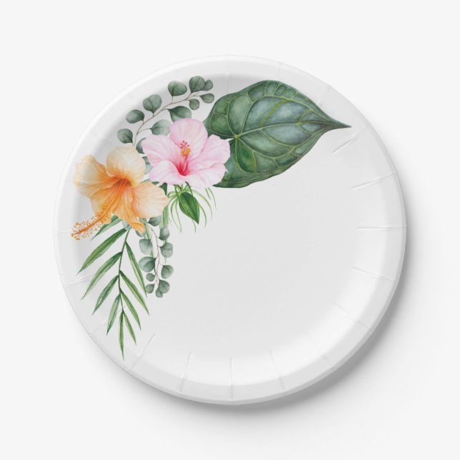 Watercolor Hibiscus and Tropical Foliage Paper Plate (Front)