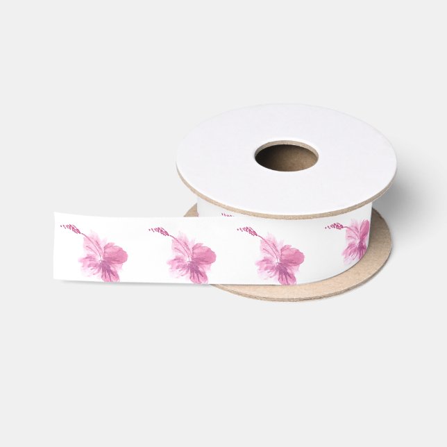 Watercolor Hibiscus Floral Pink Tropical Greenery Satin Ribbon (Spool)