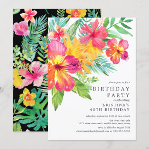Watercolor Hibiscus Floral Tropical Birthday Party Invitation