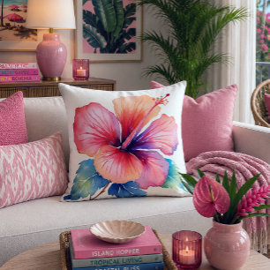 Watercolor Hibiscus Flower Painting Pink Throw Pillow