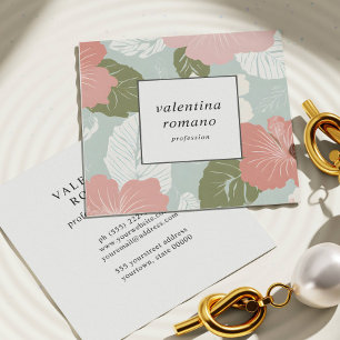Watercolor Hibiscus Flower pink white sage blue Square Business Card