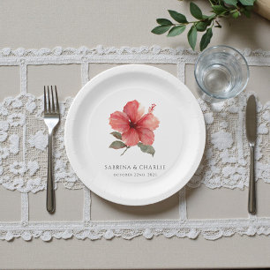 Watercolor Hibiscus Flower Tropical Aloha Wedding  Paper Plate