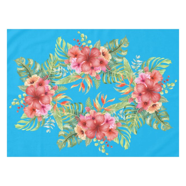 Watercolor Hibiscus Flowers on Blue Tablecloth (Front (Horizontal))
