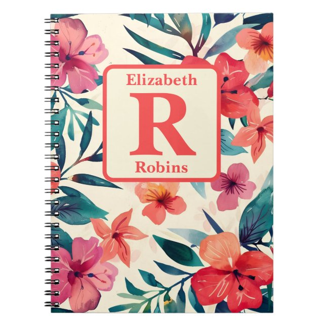 Watercolor hibiscus flowers personalized custom notebook (Front)
