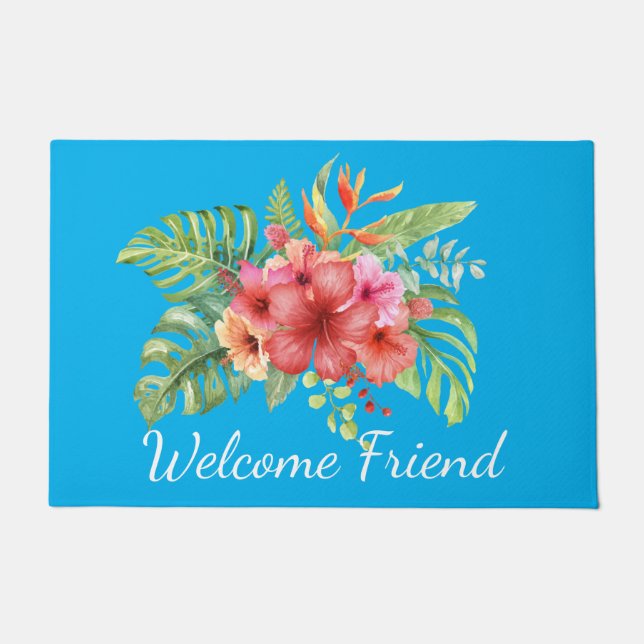 Watercolor Hibiscus Flowers Welcome Doormat (Front)
