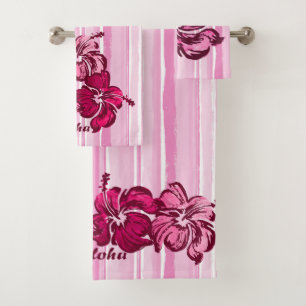 Watercolor Hibiscus Hawaiian Stripe - Pink Bath Towel Set