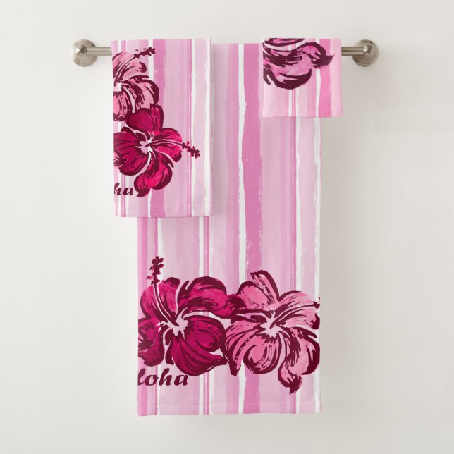 Watercolor Hibiscus Hawaiian Stripe - Pink Bath Towel Set (Insitu)
