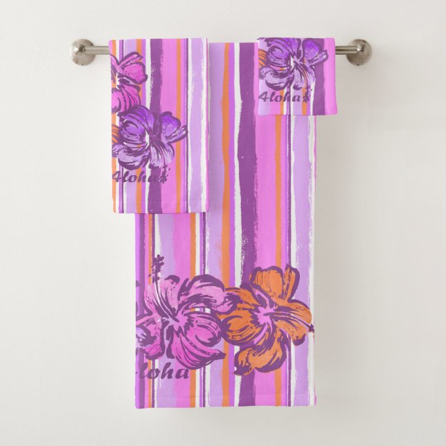 Watercolor Hibiscus Hawaiian Stripe -Violet Bath Towel Set (Insitu)