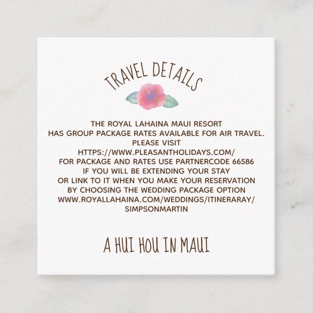 Watercolor Hibiscus Maui Wedding Enclosure Card (Front)