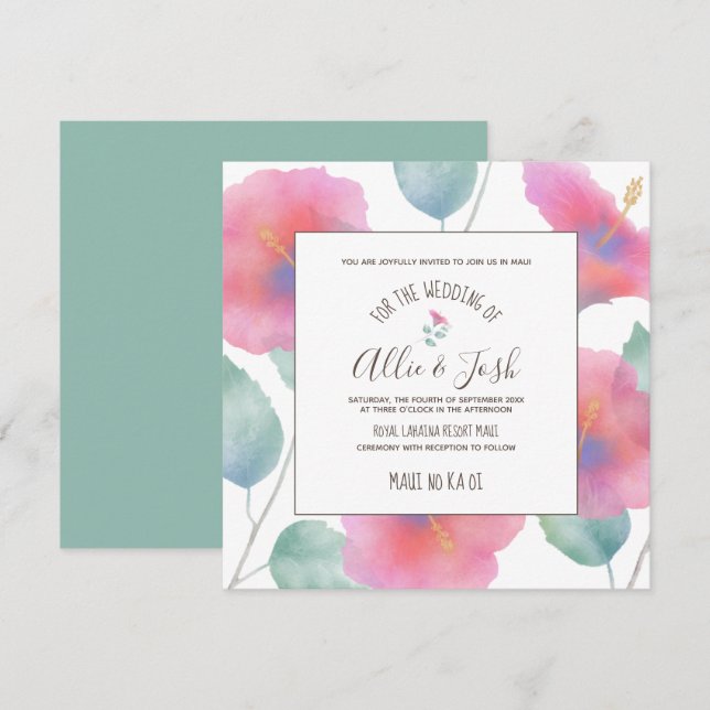 Watercolor Hibiscus Maui Wedding Square Invitation (Front/Back)
