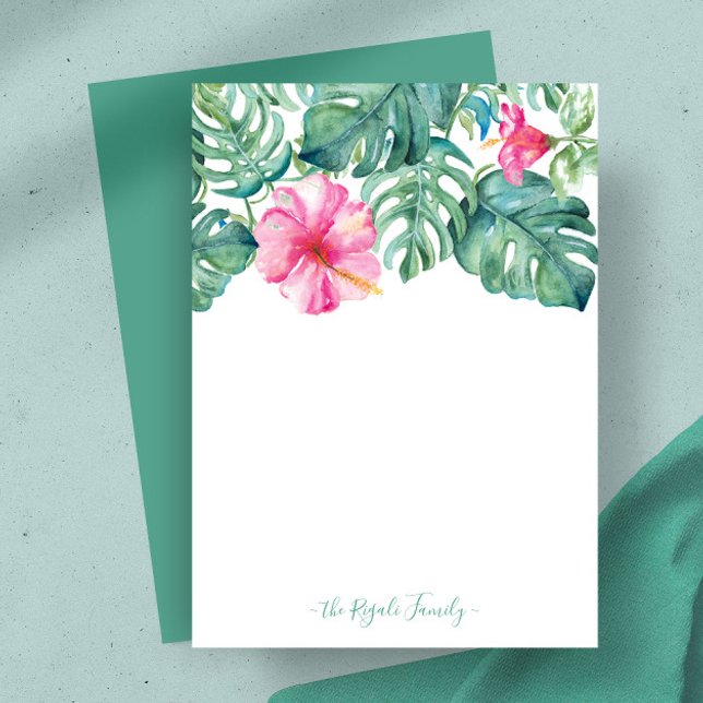 Watercolor Hibiscus Personalized Stationery Card (Pink hibiscus flower and monstera palm leaves notecard watercolor art by Victoria Grigaliunas)