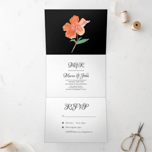 Watercolor Hibiscus Summer Tropical Orange Tri-Fold Invitation (Inside)
