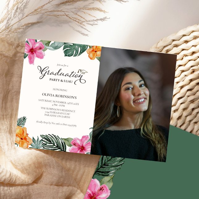 Watercolor Hibiscus Tropical Luau Graduation Photo Invitation (Creator Uploaded)