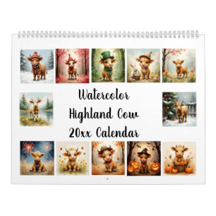 Watercolor Highland Cow 20xx Calendar