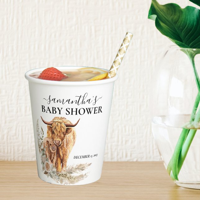 Watercolor Highland Cow Calf Baby Boho Pampas   Paper Cups (Creator Uploaded)