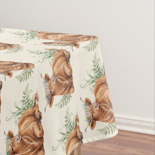 Watercolor Highland Cow Floral Crown Cottagecore Tablecloth