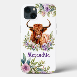 Watercolor Highland Cow Flower Personalize Name iPhone 13 Case