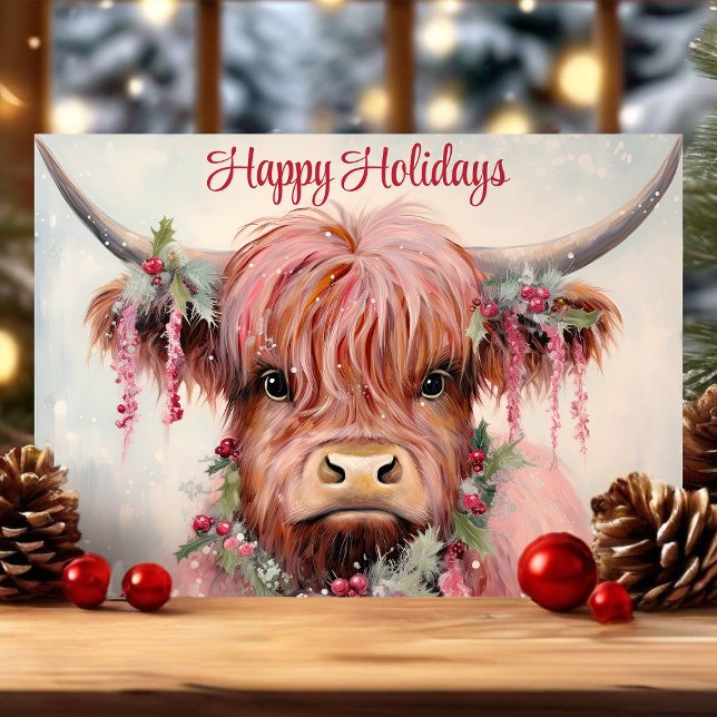 Watercolor Highland Cow Happy Holidays Holiday Card (Creator Uploaded)