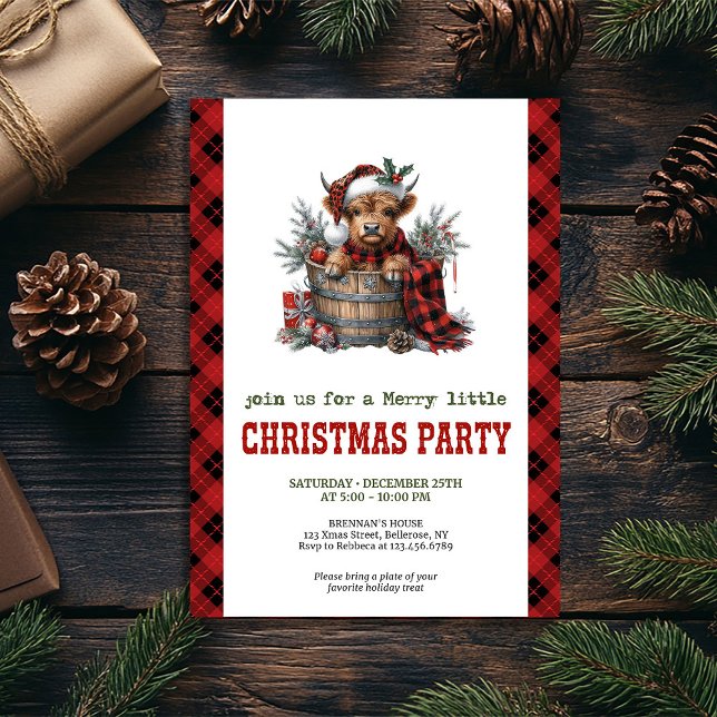 Watercolor highland cow red poinsettia invitation (Watercolor highland cow red poinsettia invitation)