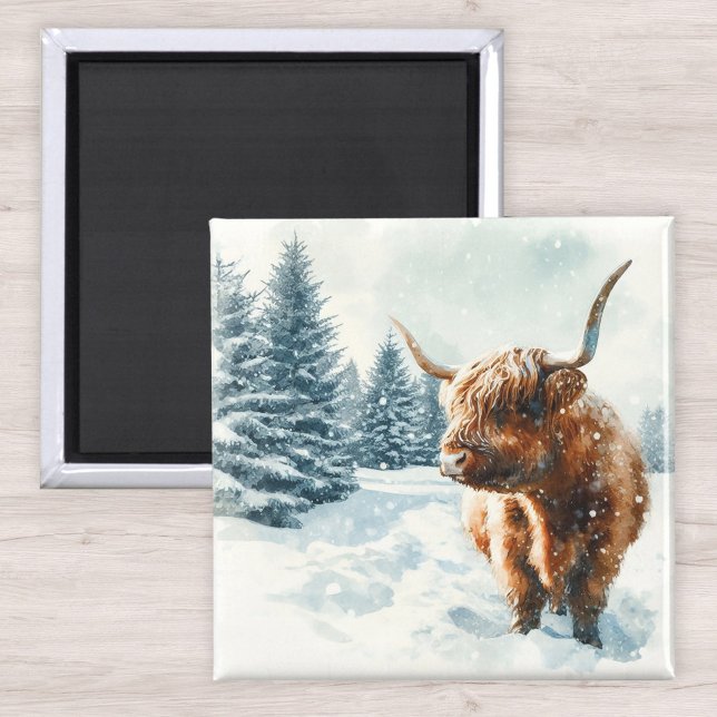 Watercolor Highland Cow Winter Scene Magnet (Creator Uploaded)
